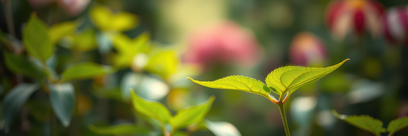 Fresh green leaves in a vibrant garden with blurred floral background during daytime
